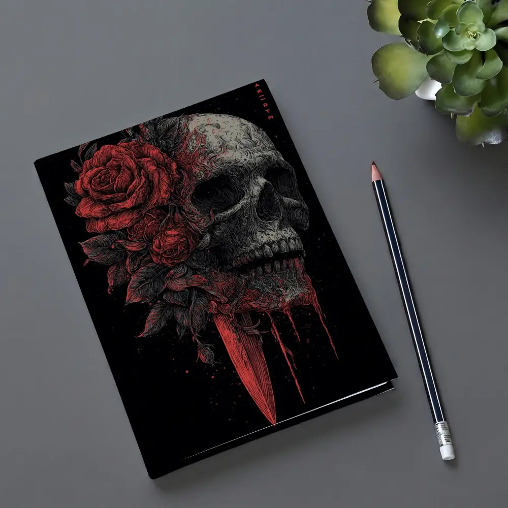 Dark Skull Red Roses Dagger Black Background – Notebooks