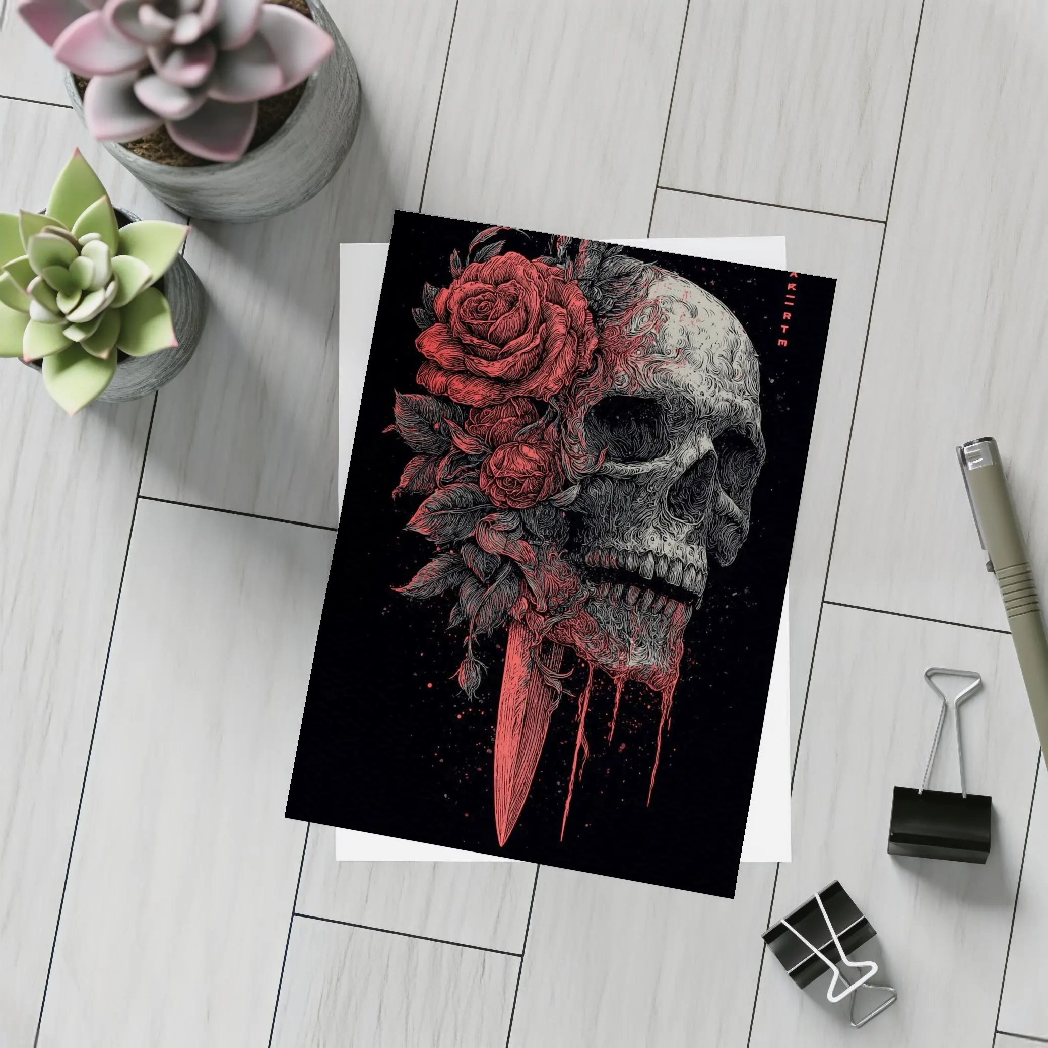 Dark Skull Red Roses Dagger Black Background – Postcards