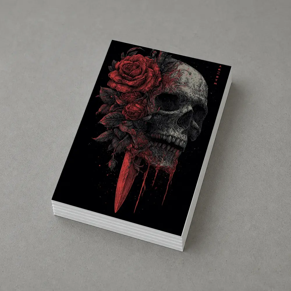 Dark Skull Red Roses Dagger Black Background – Postcards