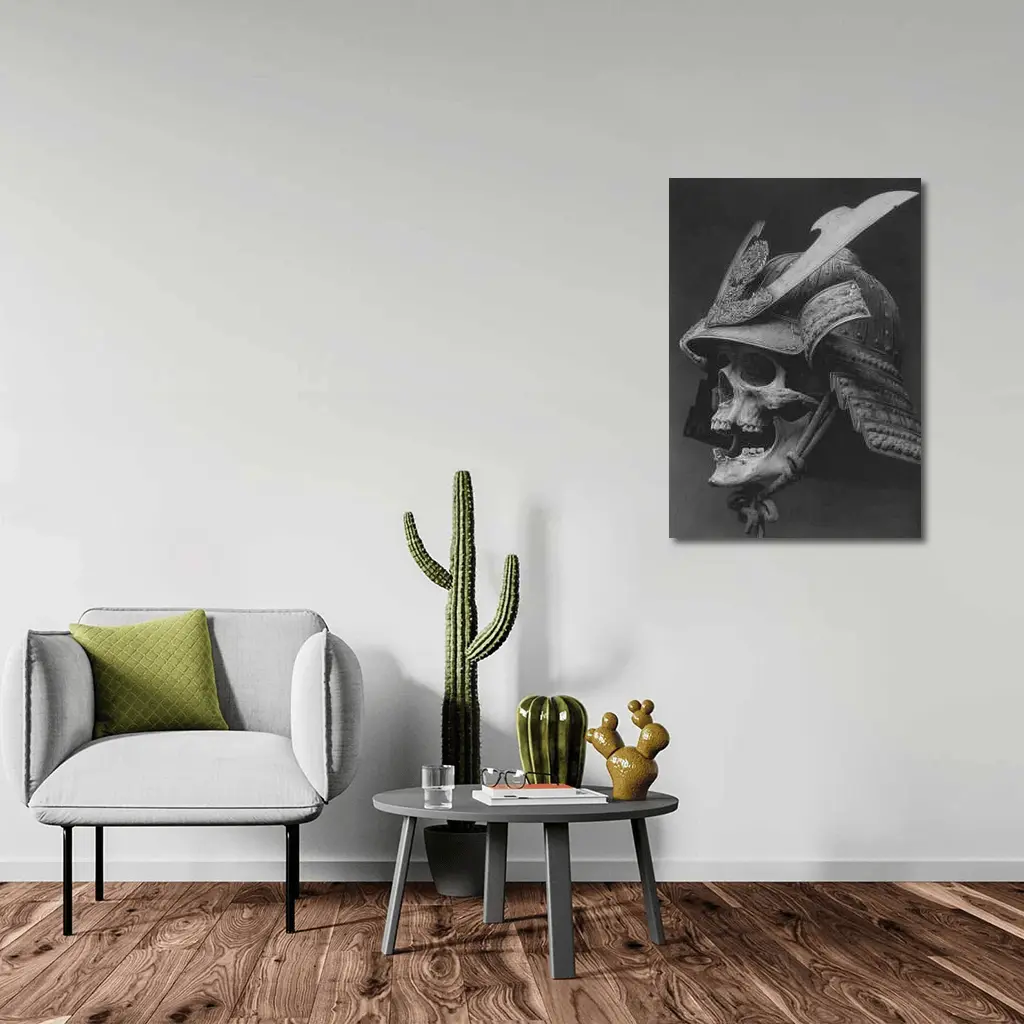 Samurai Skull Helmet Dark Gray Background – Wall Art
