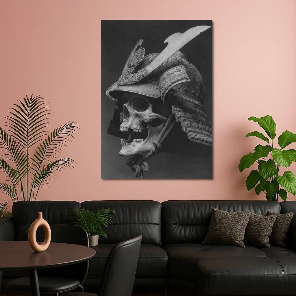 Samurai Skull Helmet Dark Gray Background – Wall Art