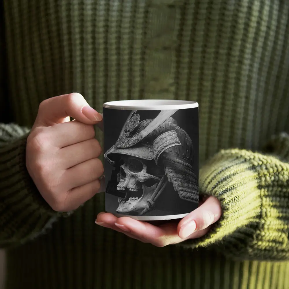 Samurai Skull Helmet Dark Gray Background – Mugs