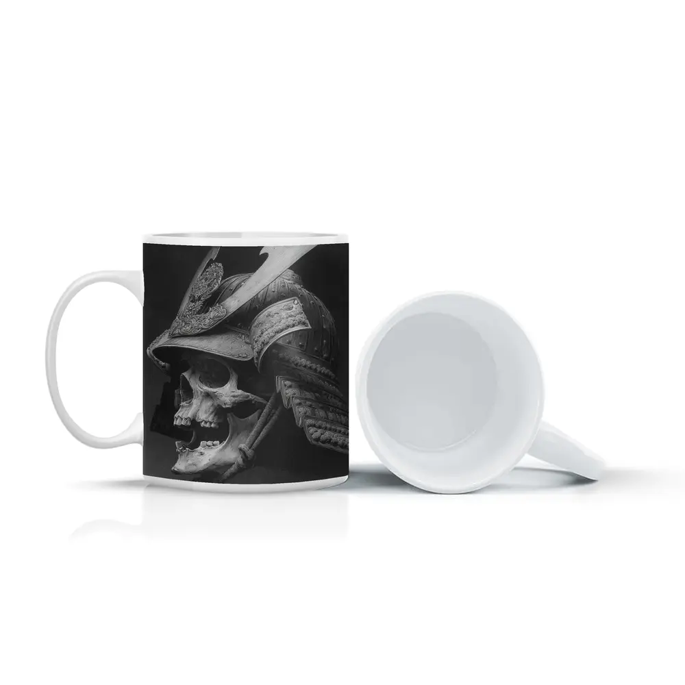 Samurai Skull Helmet Dark Gray Background – Mugs