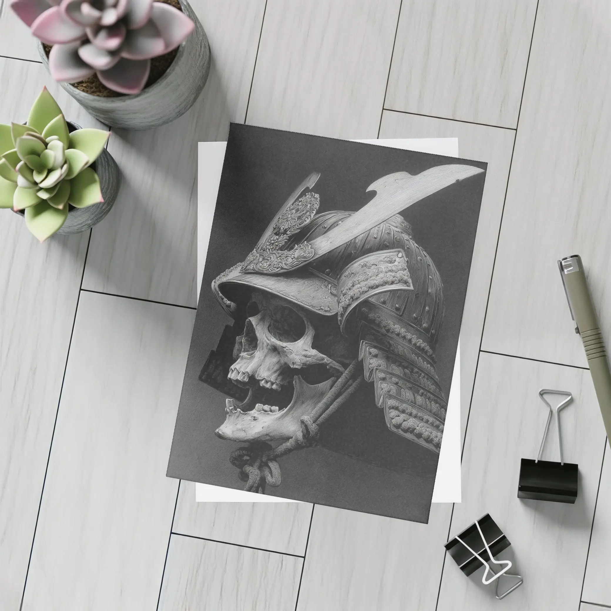Samurai Skull Helmet Dark Gray Background – Postcards