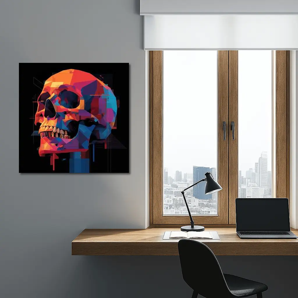 Geometric Skull Colorful Glitch Art Black Background – Wall Art