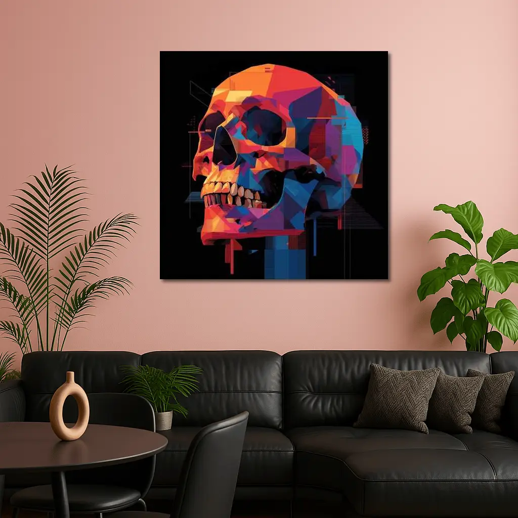 Geometric Skull Colorful Glitch Art Black Background – Wall Art