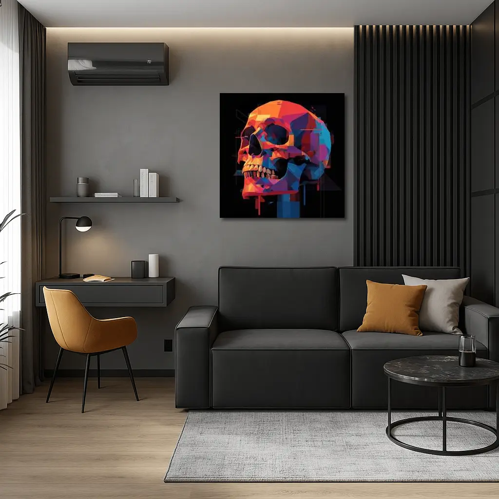 Geometric Skull Colorful Glitch Art Black Background – Wall Art