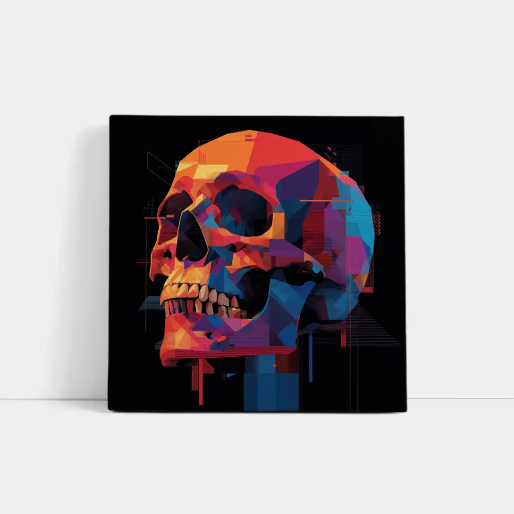 Geometric Skull Colorful Glitch Art Black Background – Wall Art