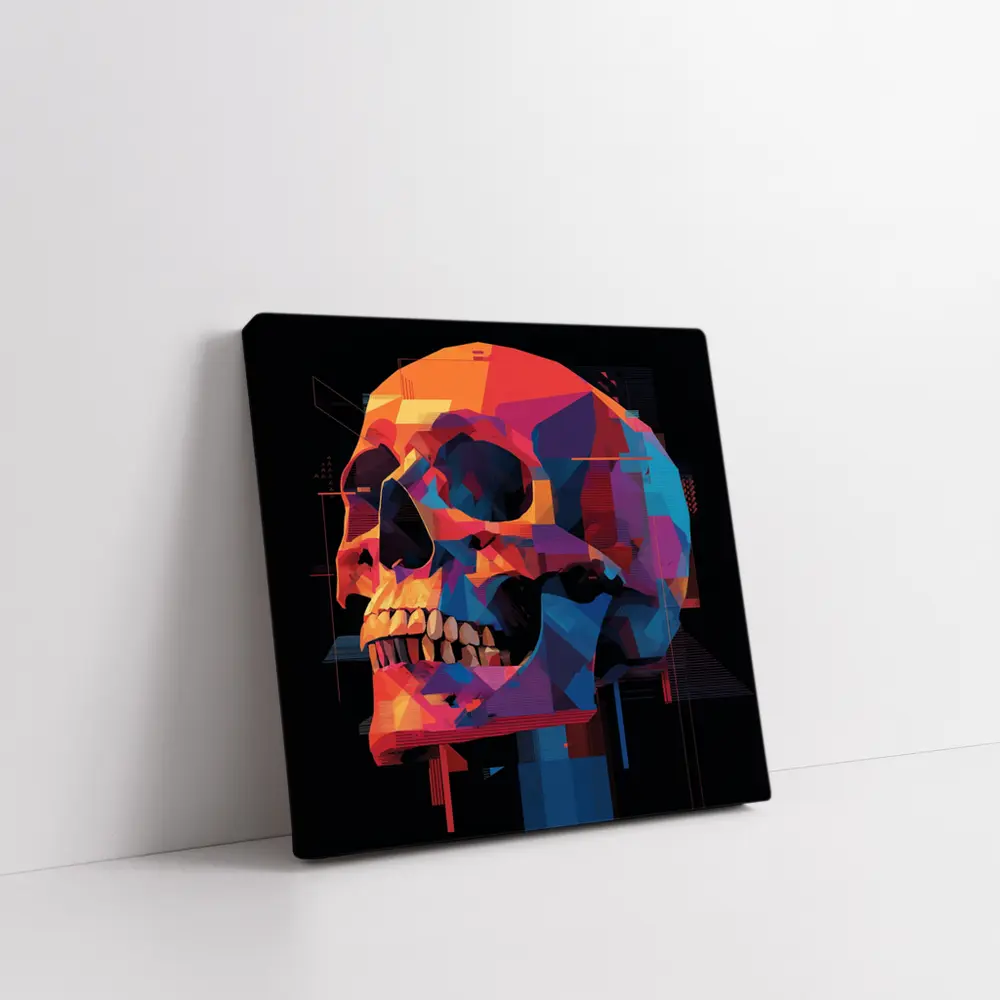 Geometric Skull Colorful Glitch Art Black Background – Wall Art