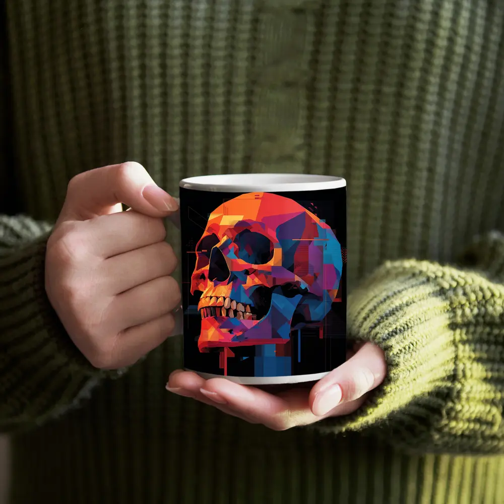 Geometric Skull Colorful Glitch Art Black Background – Mugs