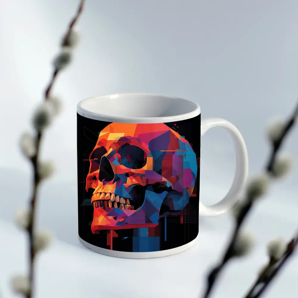 Geometric Skull Colorful Glitch Art Black Background – Mugs