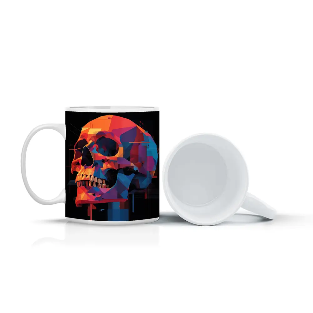 Geometric Skull Colorful Glitch Art Black Background – Mugs