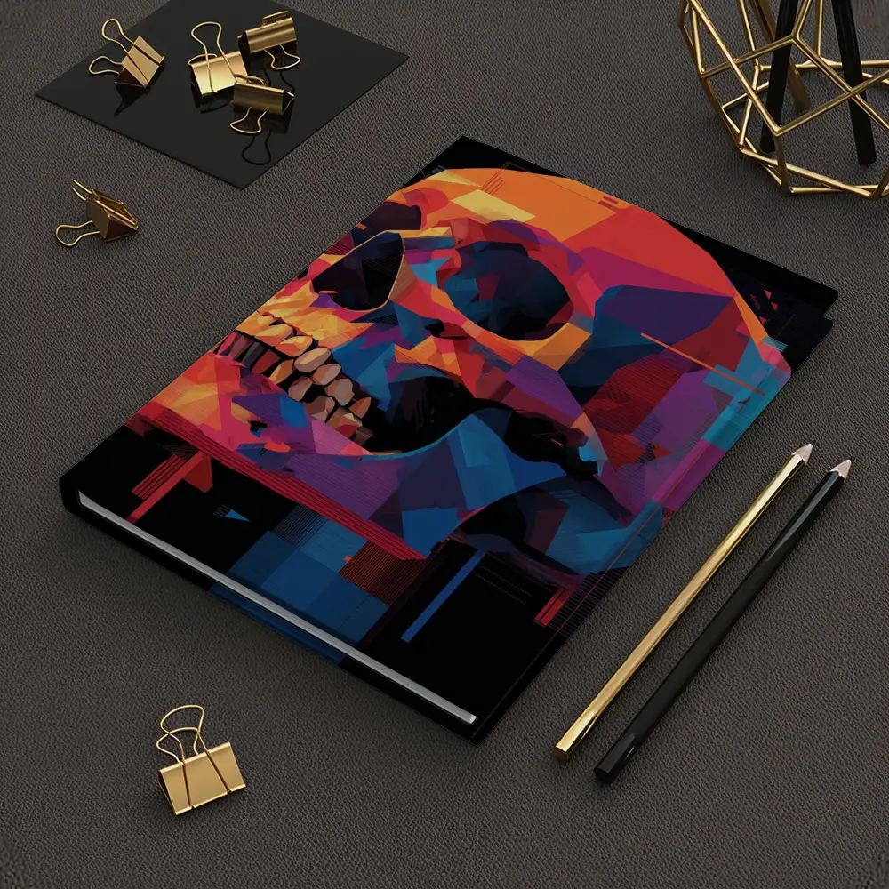 Geometric Skull Colorful Glitch Art Black Background – Notebooks