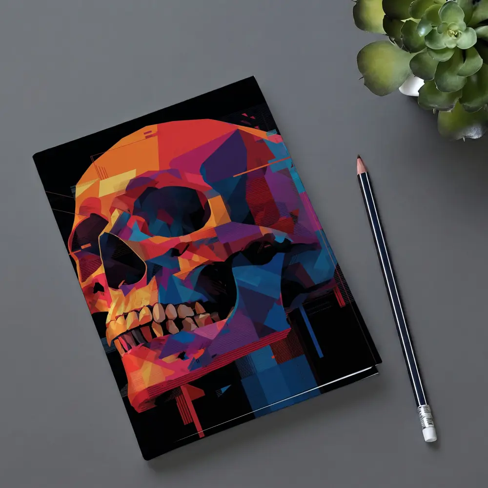 Geometric Skull Colorful Glitch Art Black Background – Notebooks