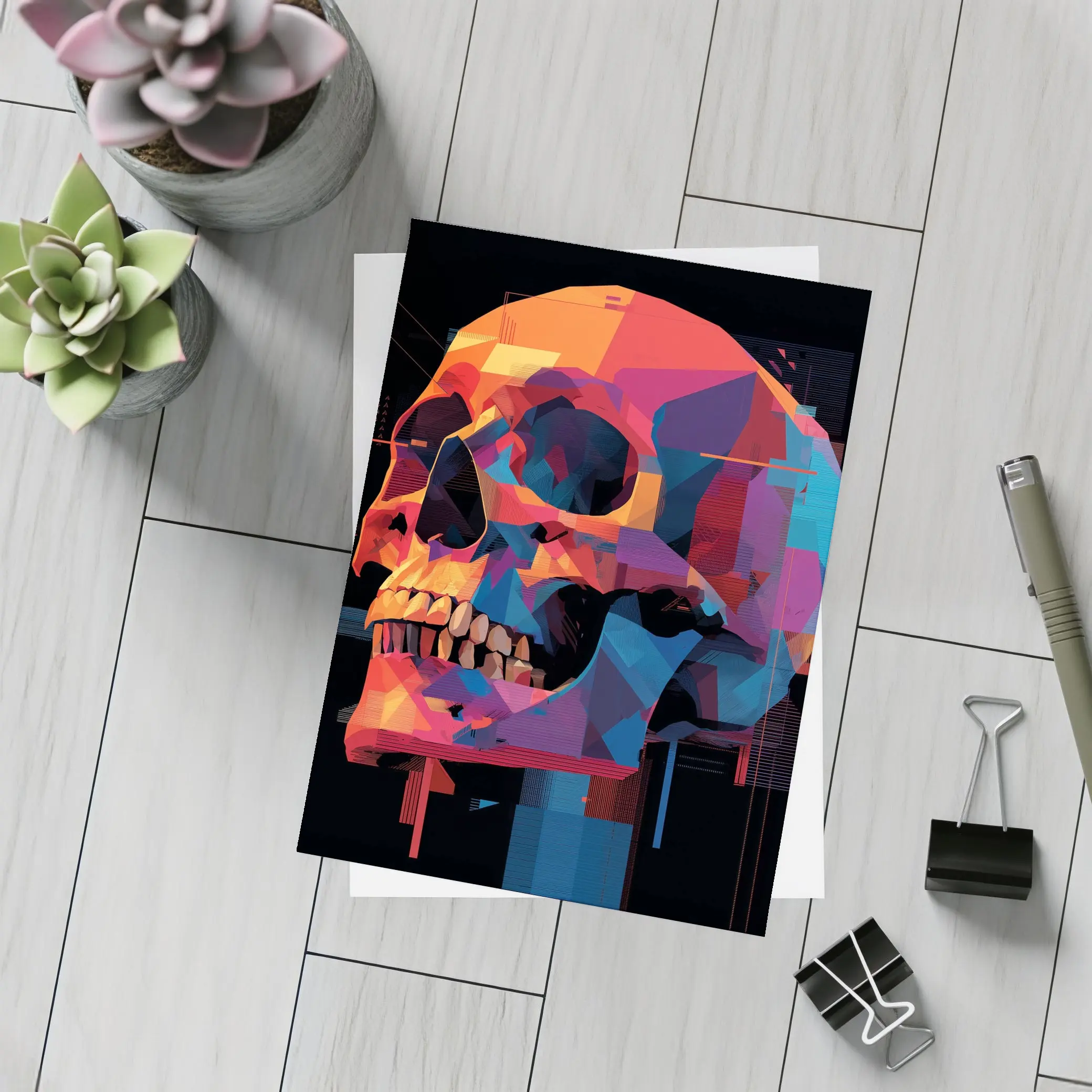 Geometric Skull Colorful Glitch Art Black Background – Postcards