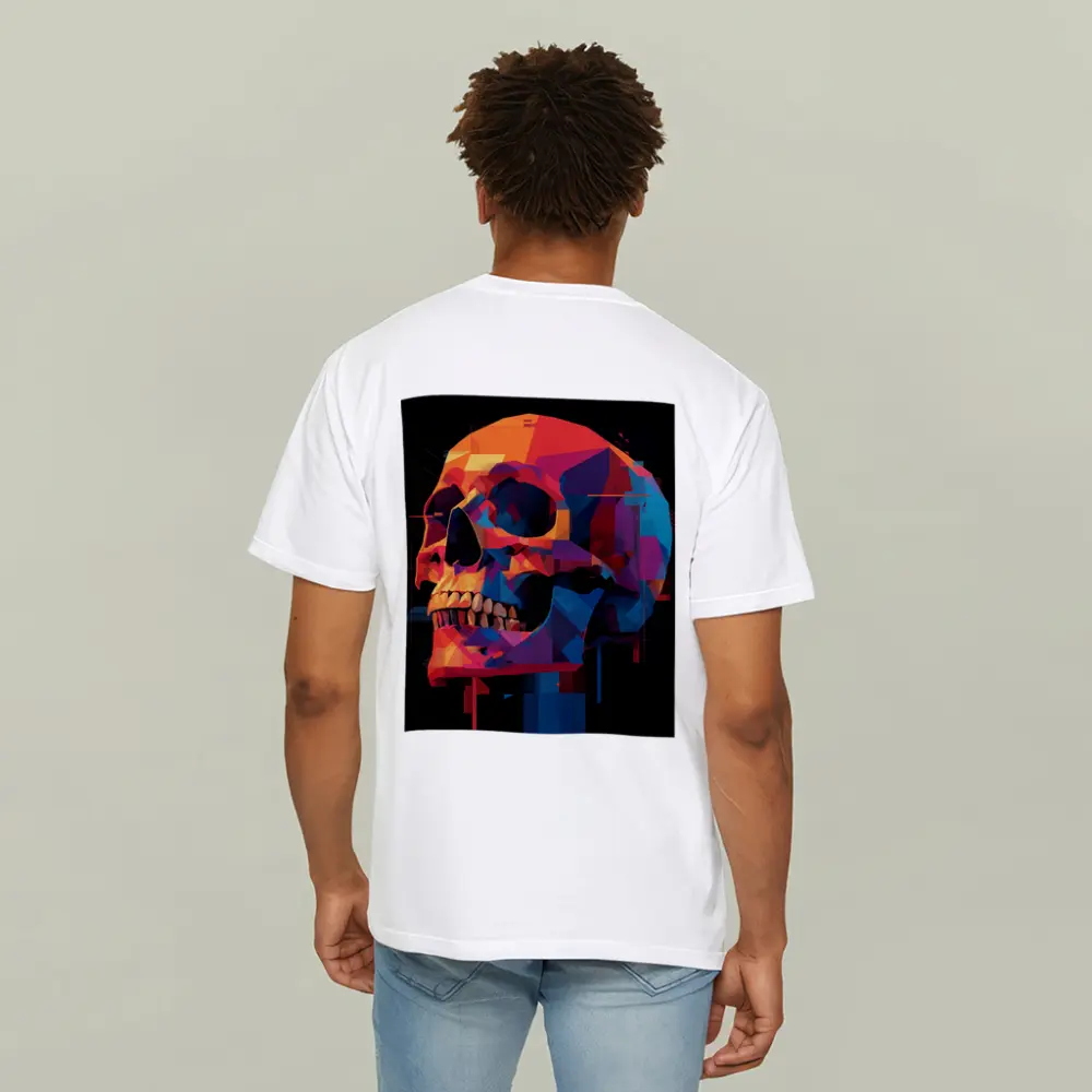 Geometric Skull Colorful Glitch Art Black Background – T-Shirts