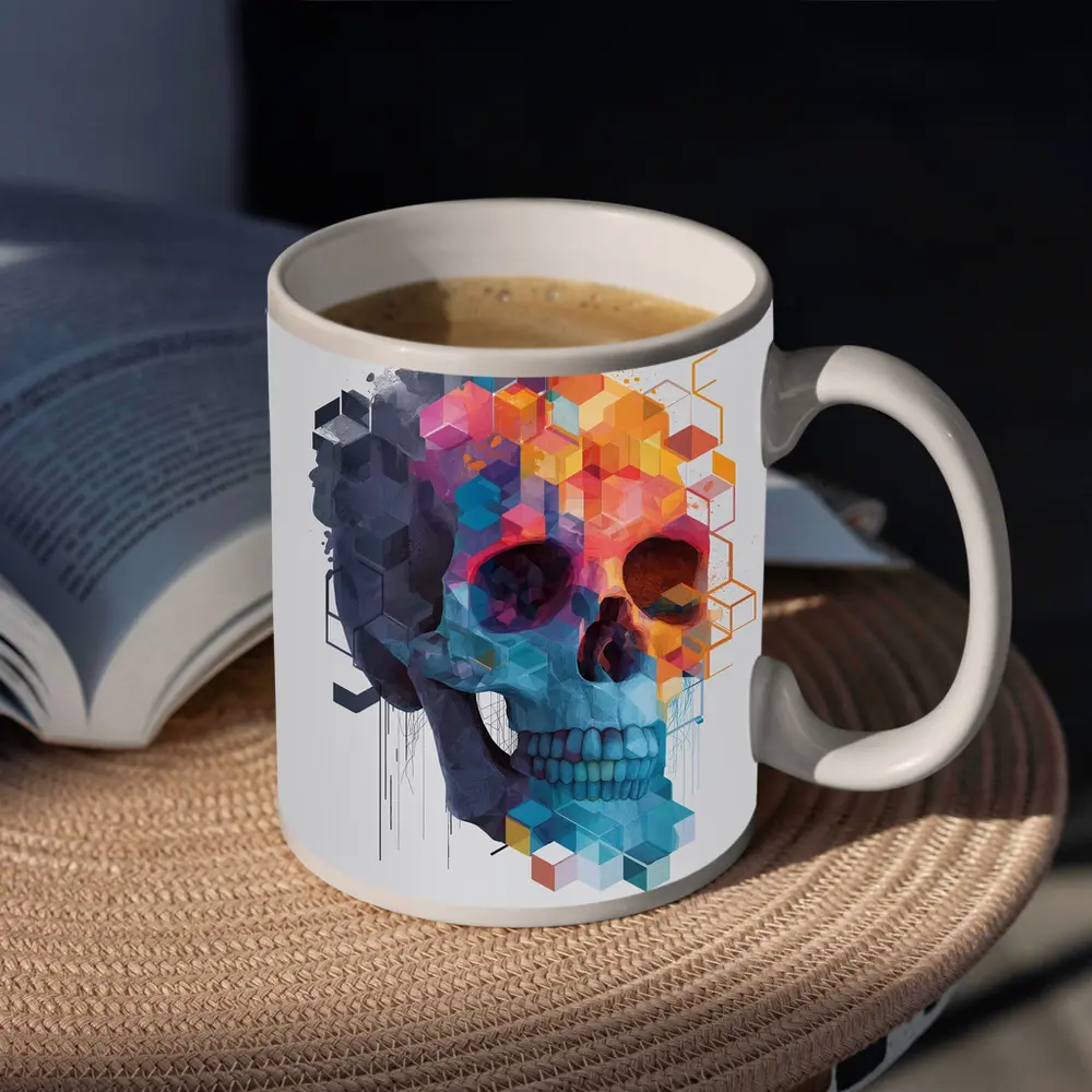 Geometric Skull Colorful Cubist Art Design – Mugs