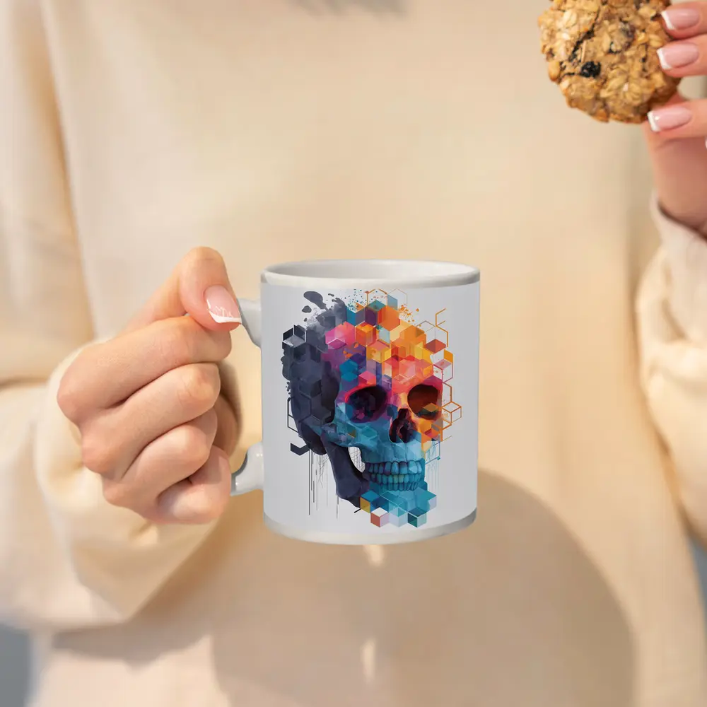 Geometric Skull Colorful Cubist Art Design – Mugs