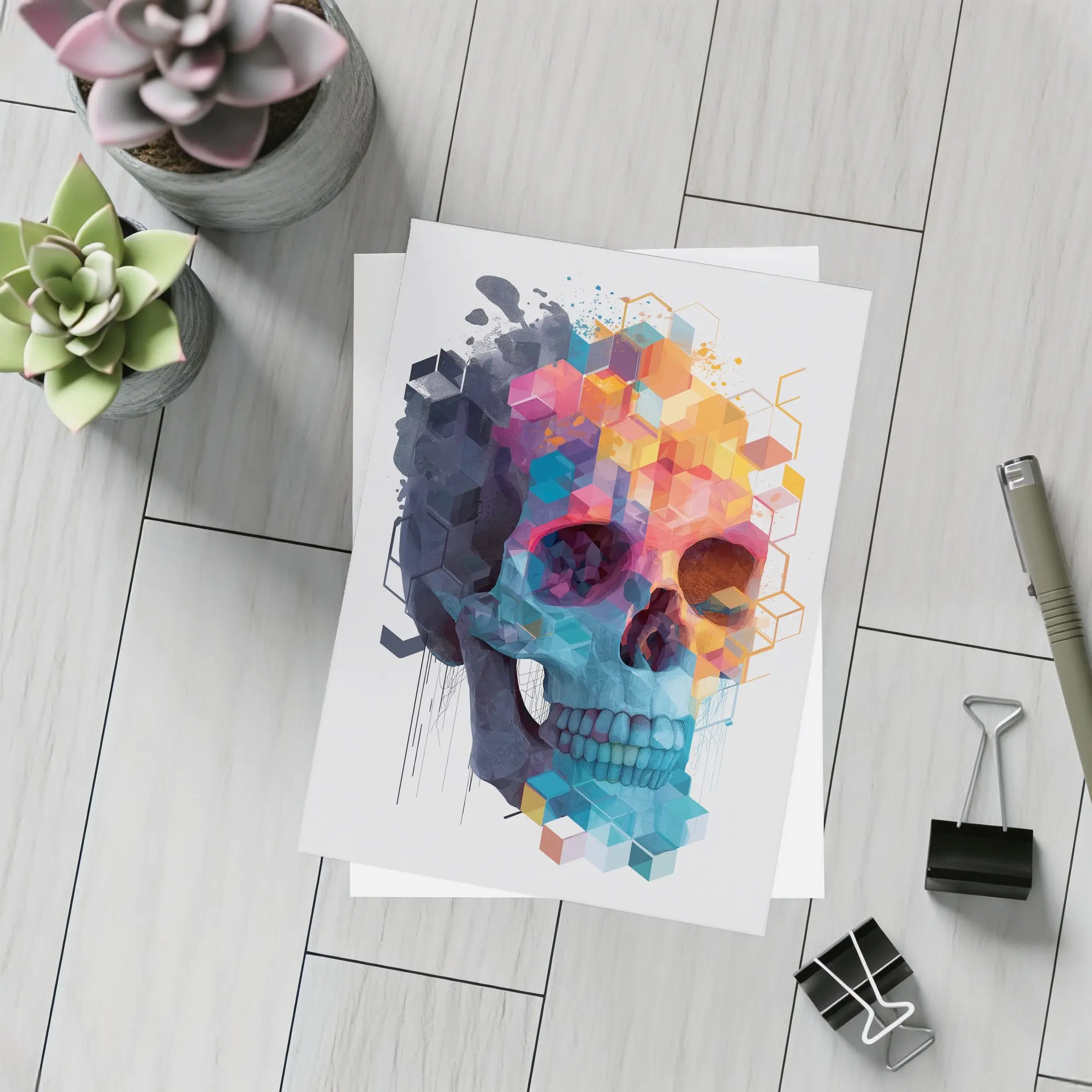 Geometric Skull Colorful Cubist Art Design – Postcards