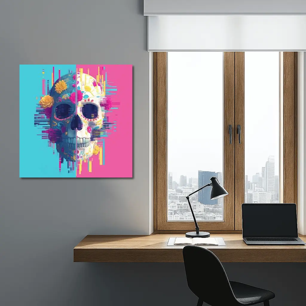 Glitch Sugar Skull Floral Split Design – Wall Art