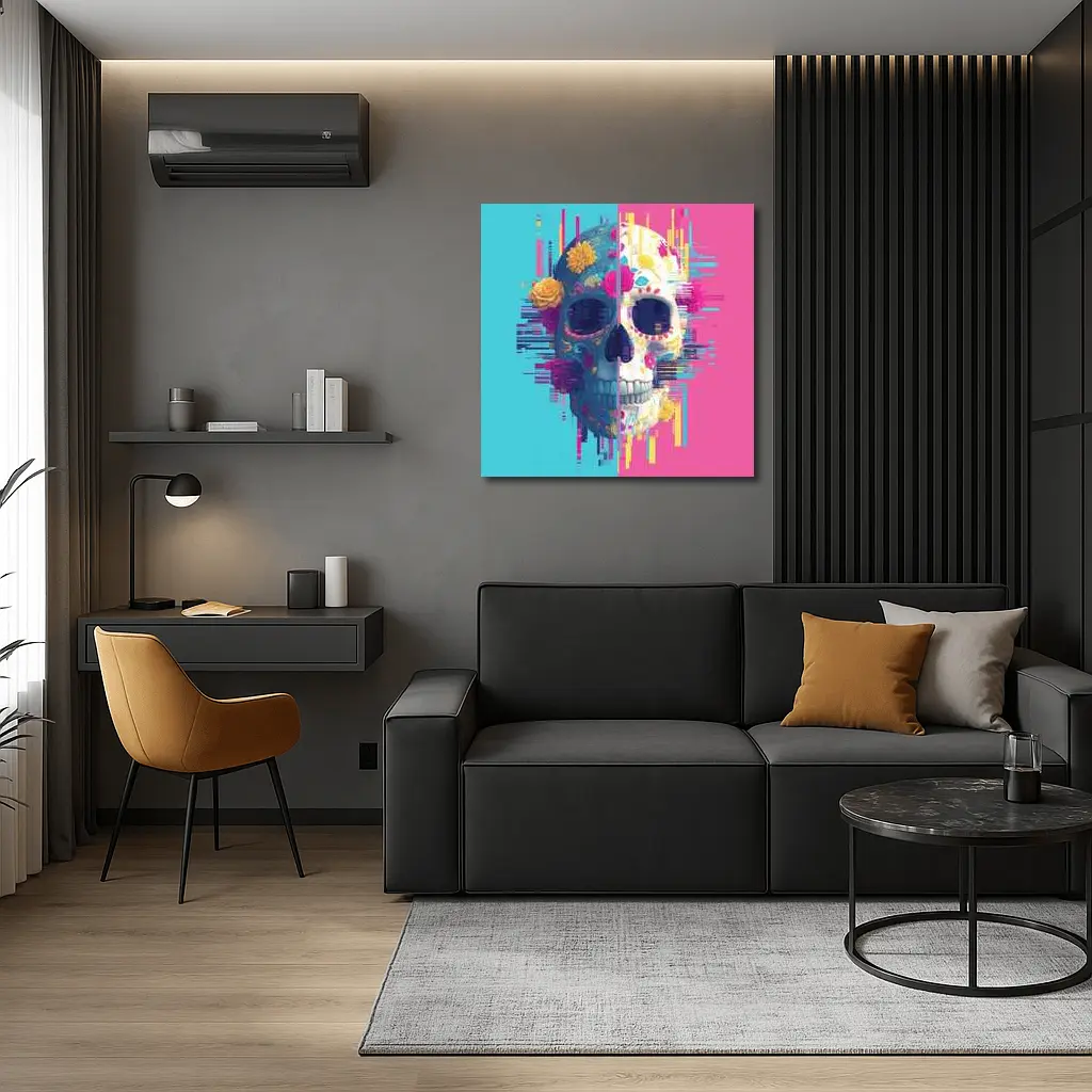 Glitch Sugar Skull Floral Split Design – Wall Art