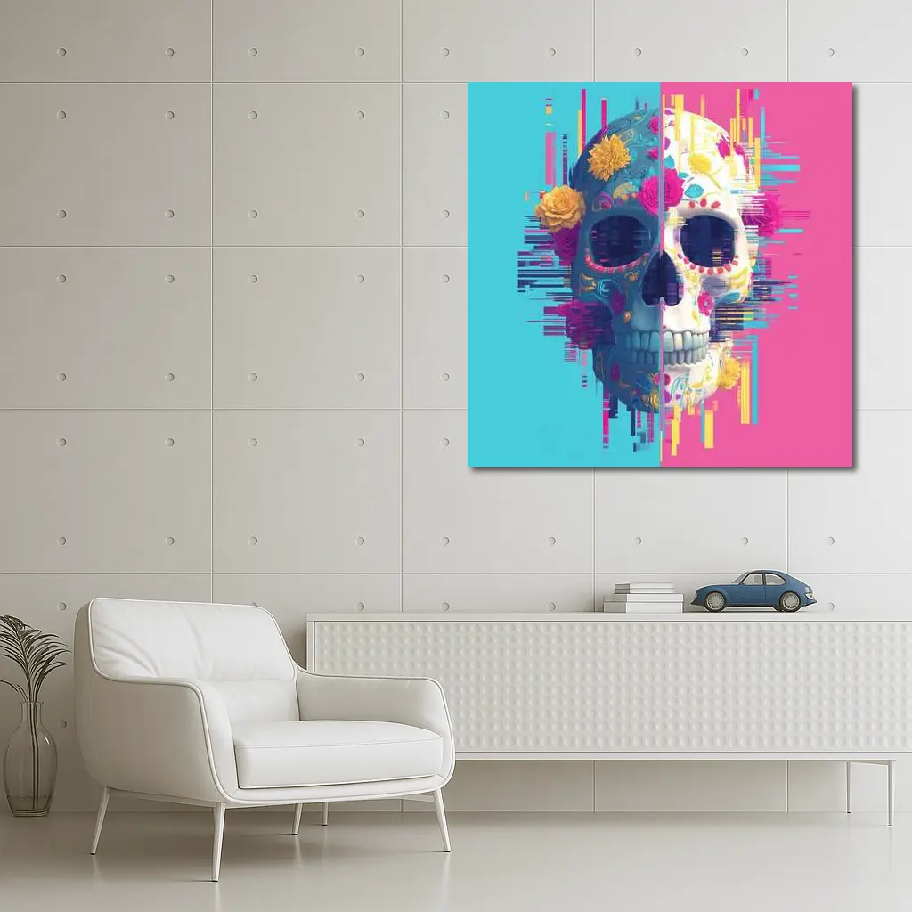 Glitch Sugar Skull Floral Split Design – Wall Art