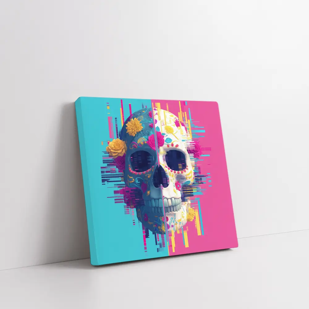 Glitch Sugar Skull Floral Split Design – Wall Art