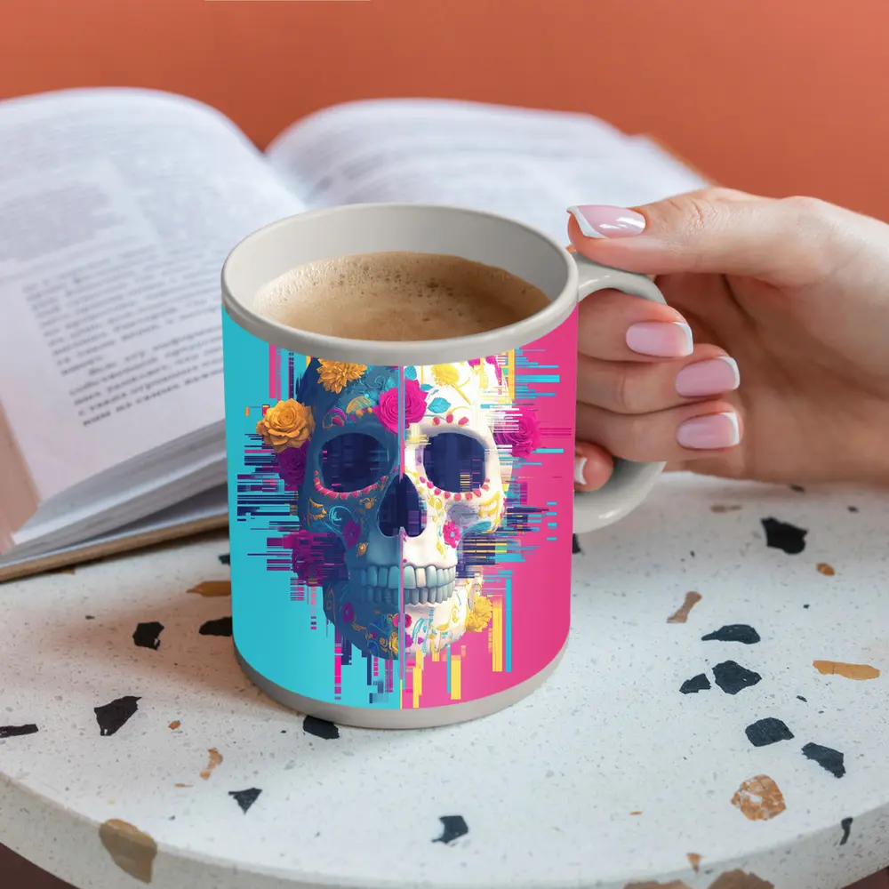 Glitch Sugar Skull Floral Split Design – Mugs