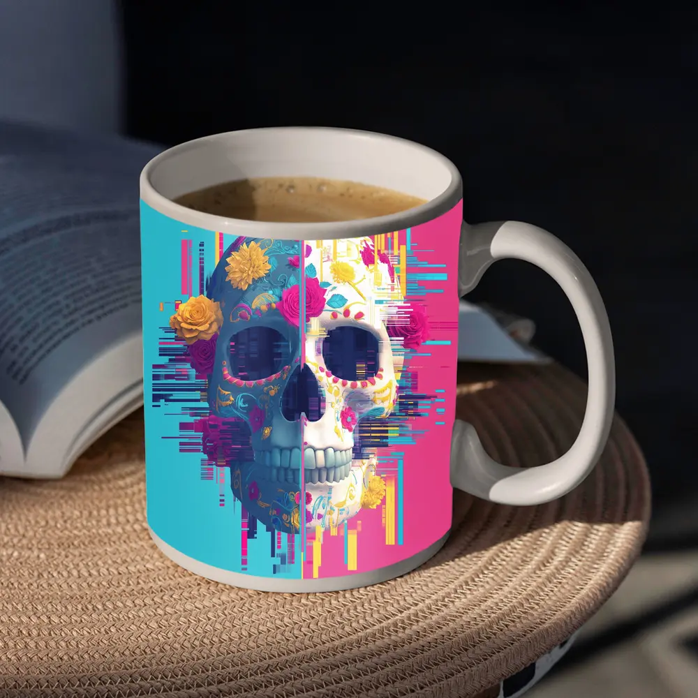 Glitch Sugar Skull Floral Split Design – Mugs