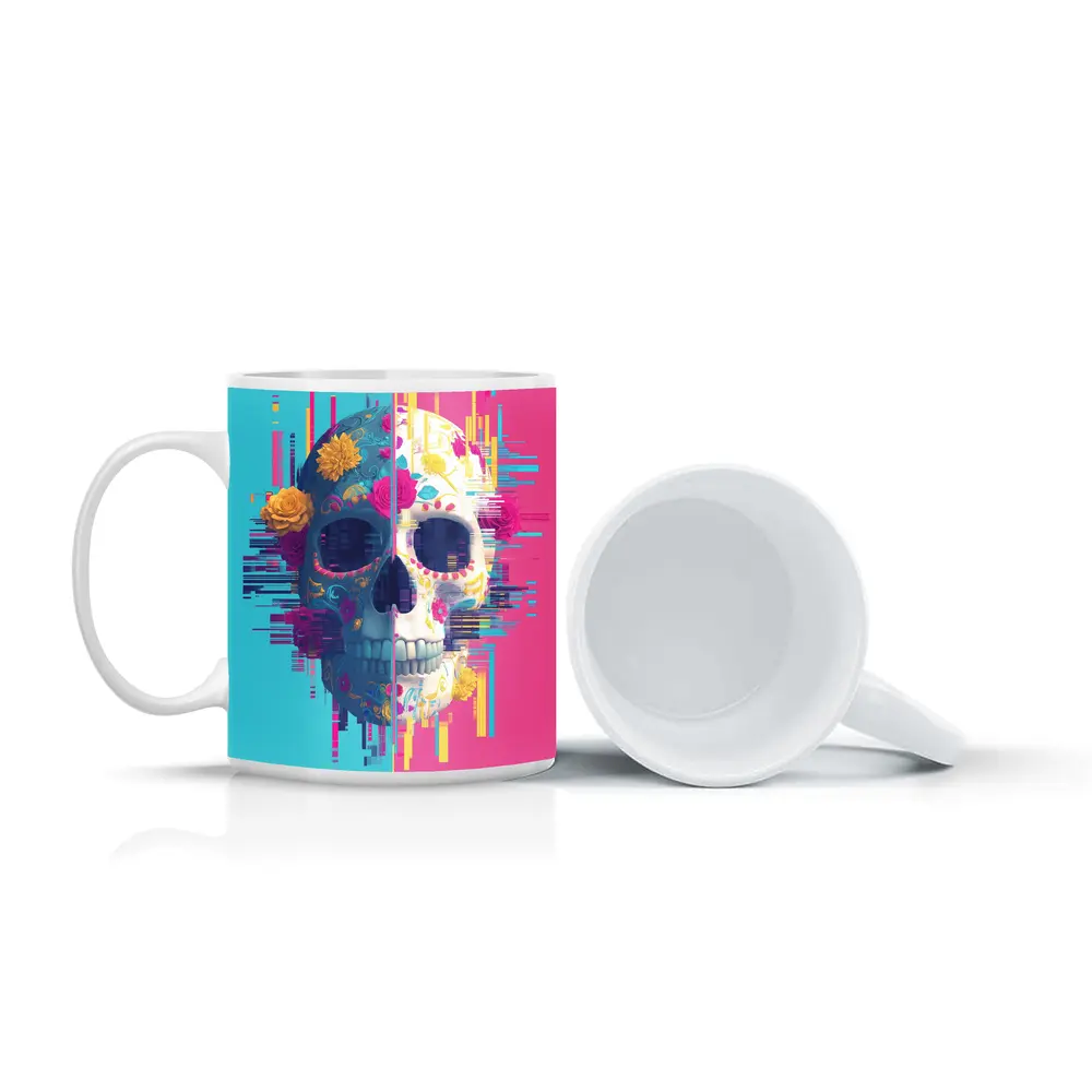 Glitch Sugar Skull Floral Split Design – Mugs