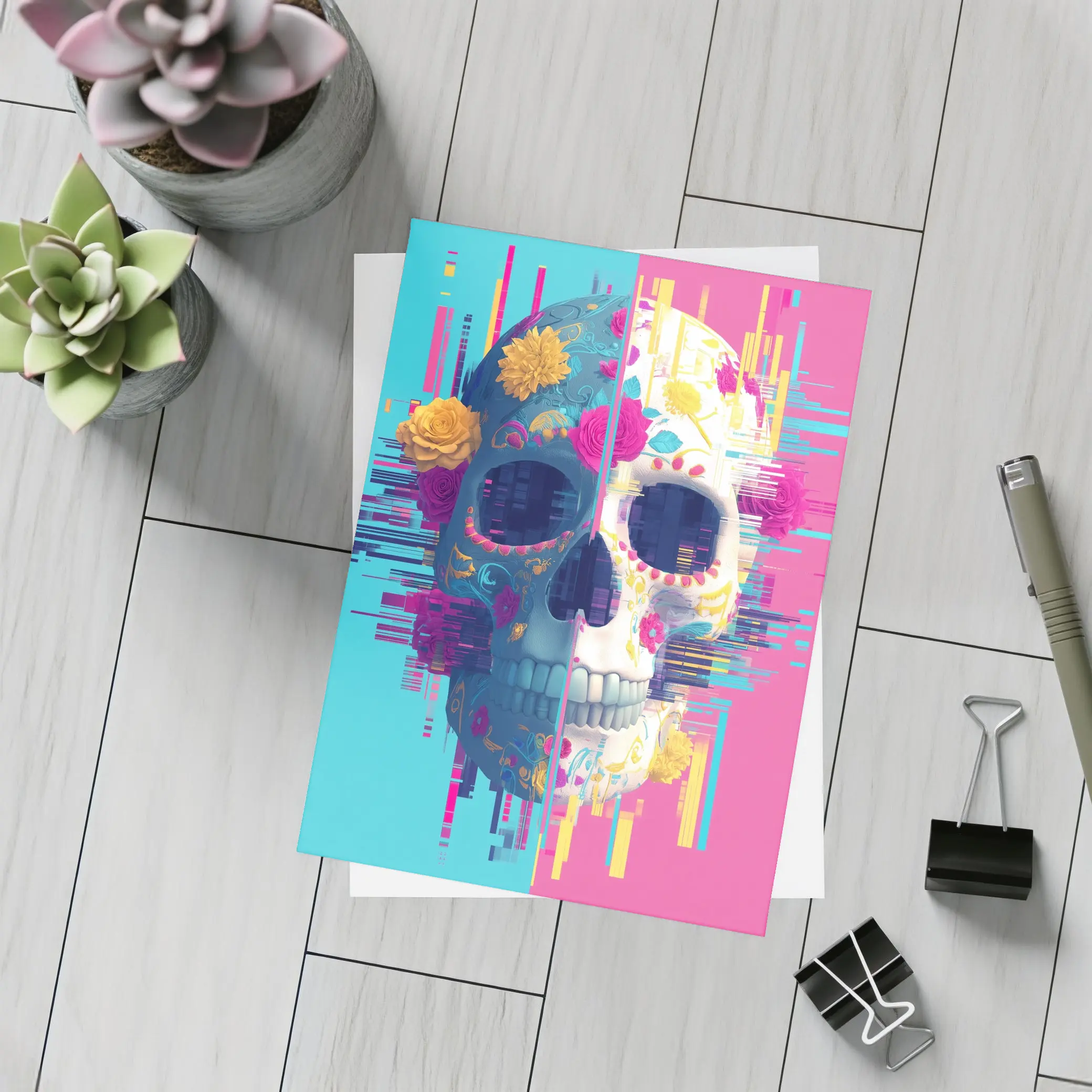 Glitch Sugar Skull Floral Split Design – Postcards