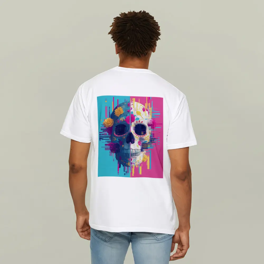Glitch Sugar Skull Floral Split Design – T-Shirts