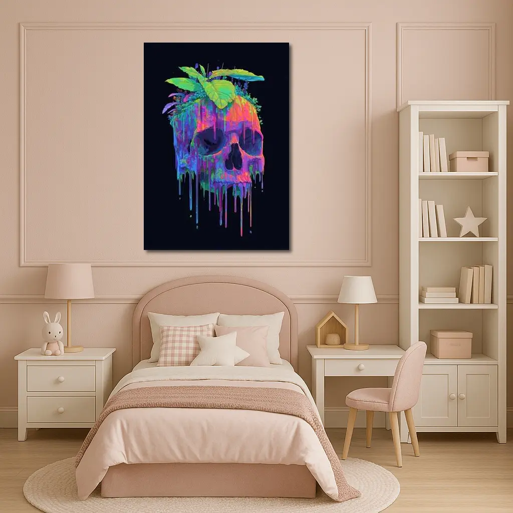 Neon Skull With Tropical Plants Black Background – Wall Art