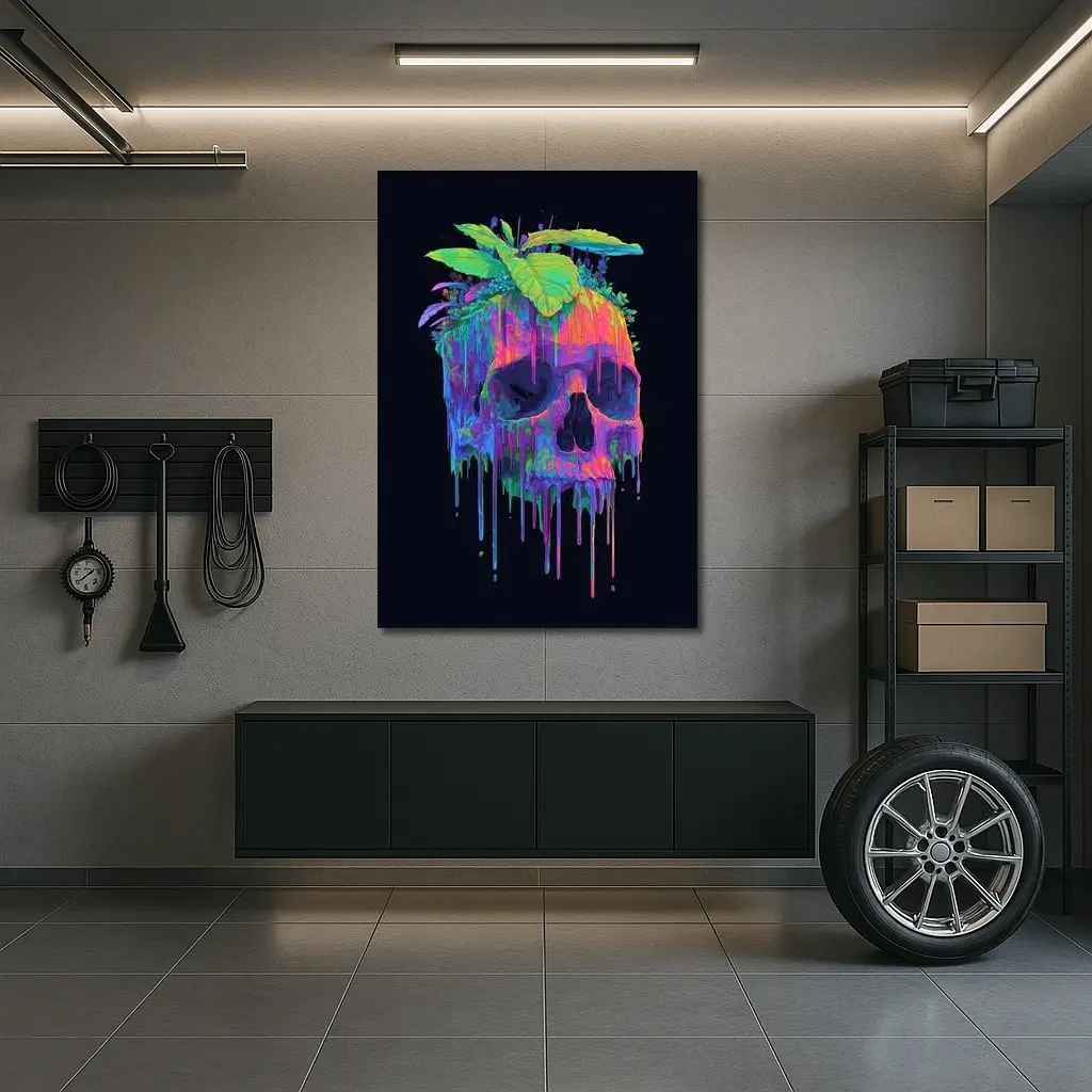 Neon Skull With Tropical Plants Black Background – Wall Art