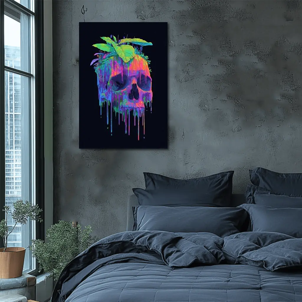 Neon Skull With Tropical Plants Black Background – Wall Art