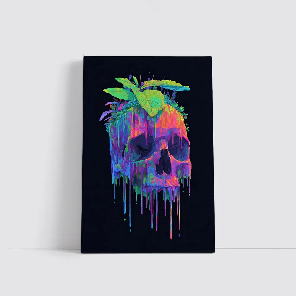 Neon Skull With Tropical Plants Black Background – Wall Art