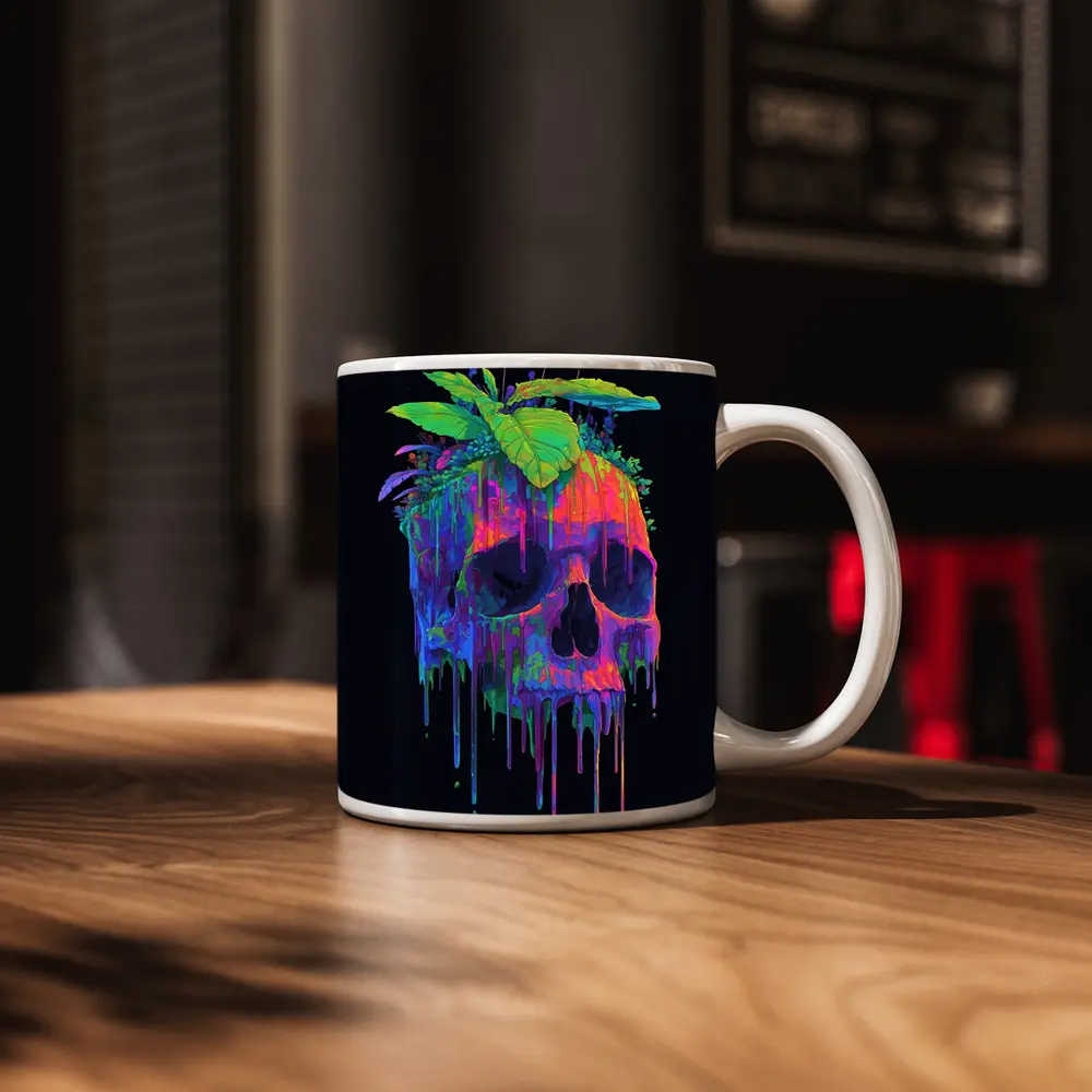 Neon Skull With Tropical Plants Black Background – Mugs
