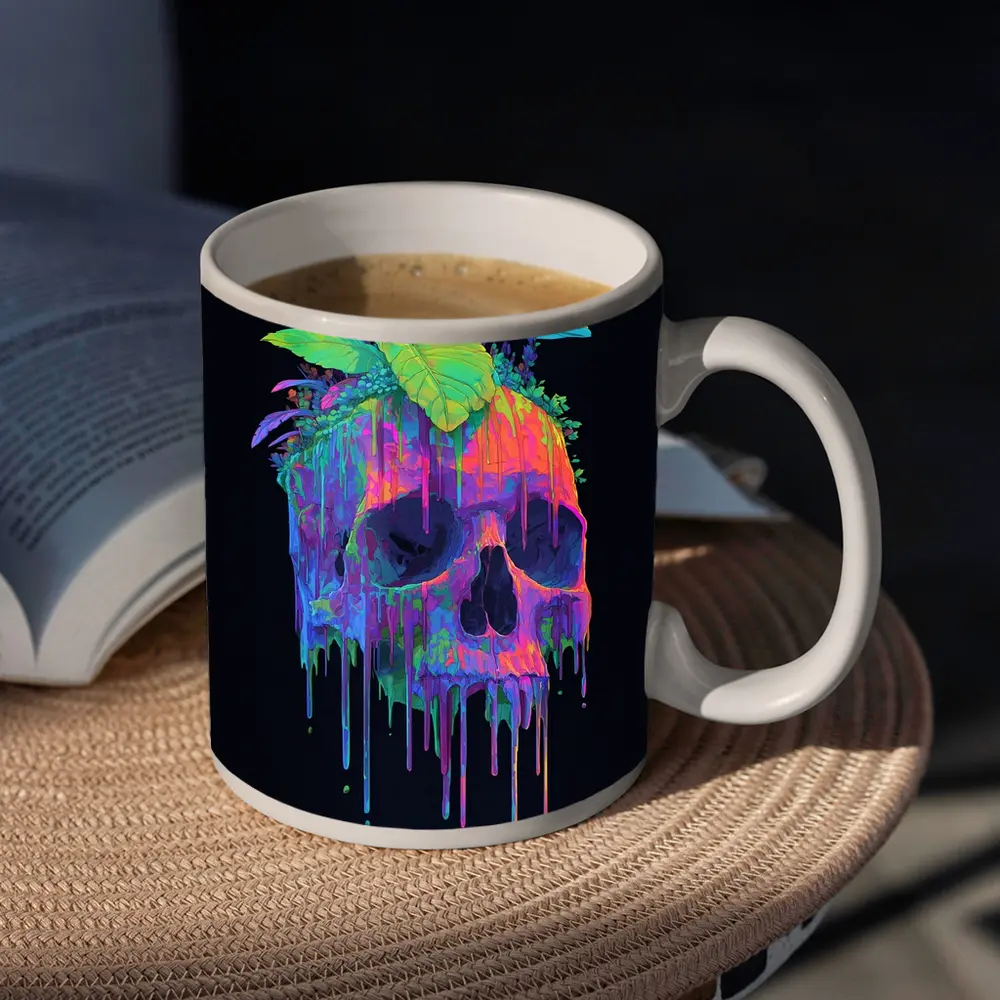 Neon Skull With Tropical Plants Black Background – Mugs