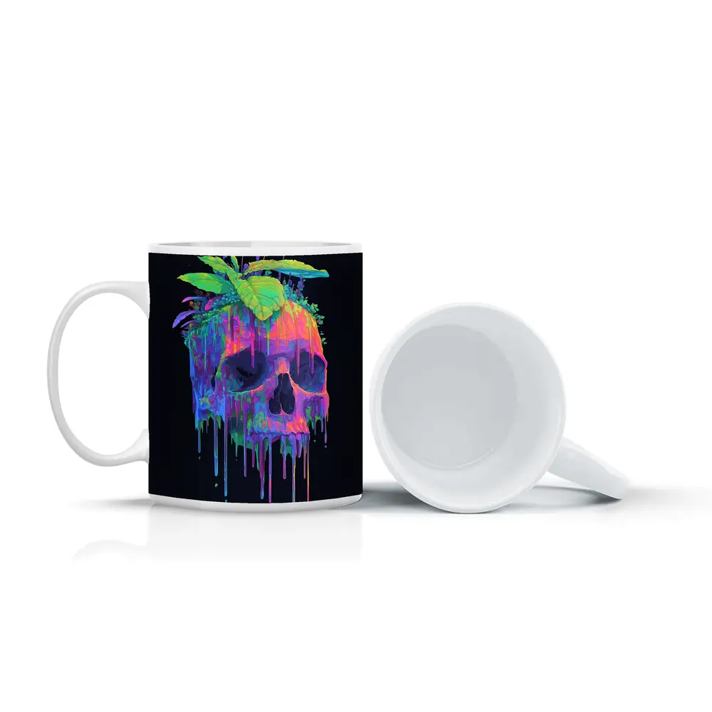 Neon Skull With Tropical Plants Black Background – Mugs
