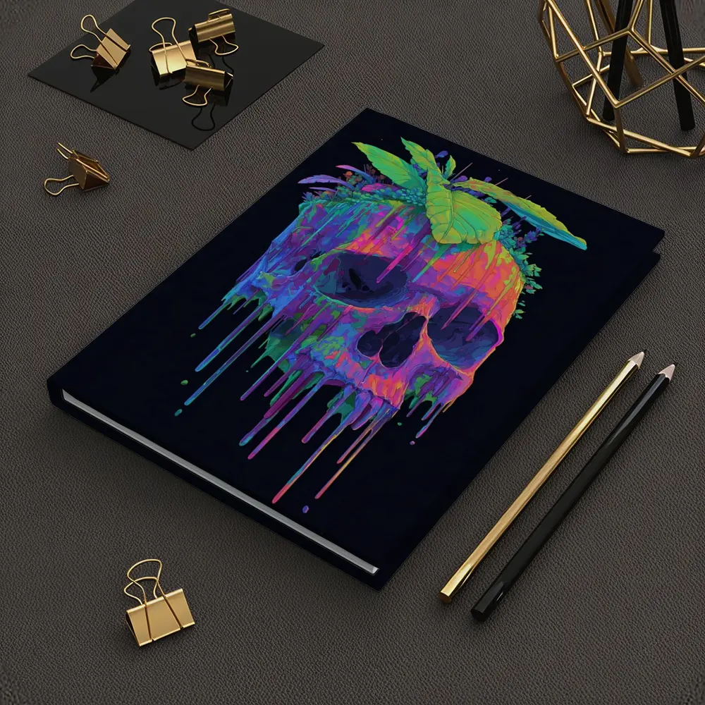 Neon Skull With Tropical Plants Black Background – Notebooks