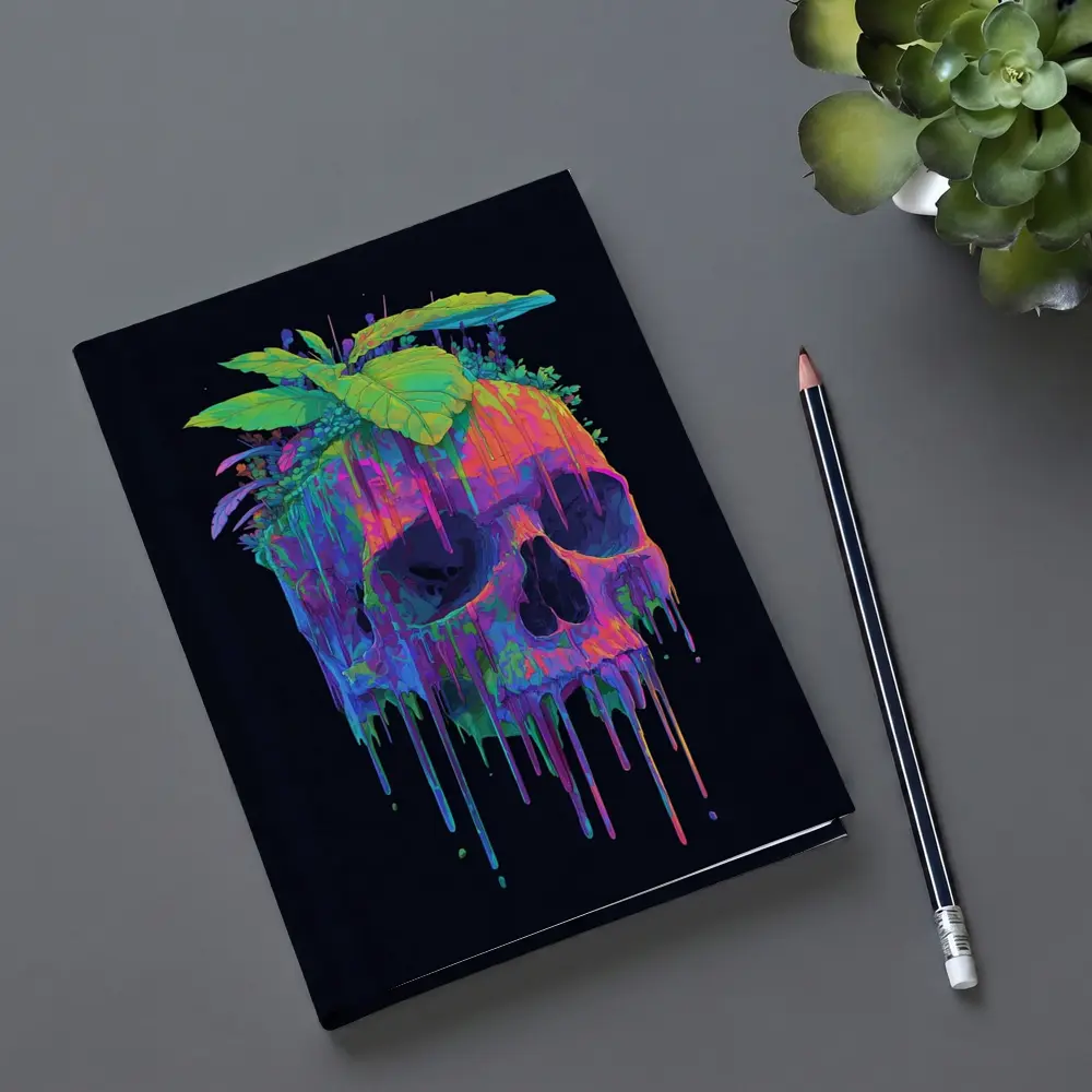 Neon Skull With Tropical Plants Black Background – Notebooks