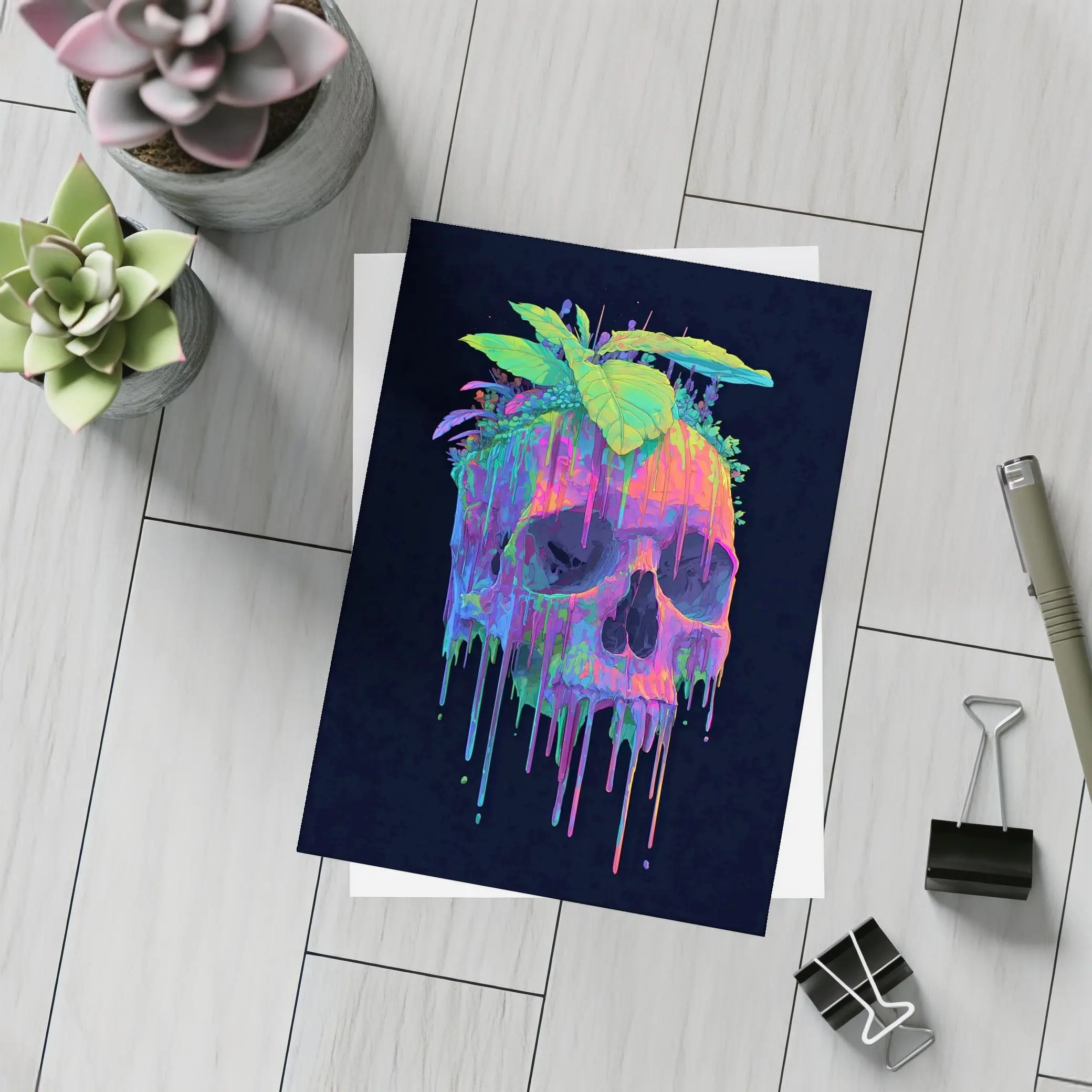 Neon Skull With Tropical Plants Black Background – Postcards