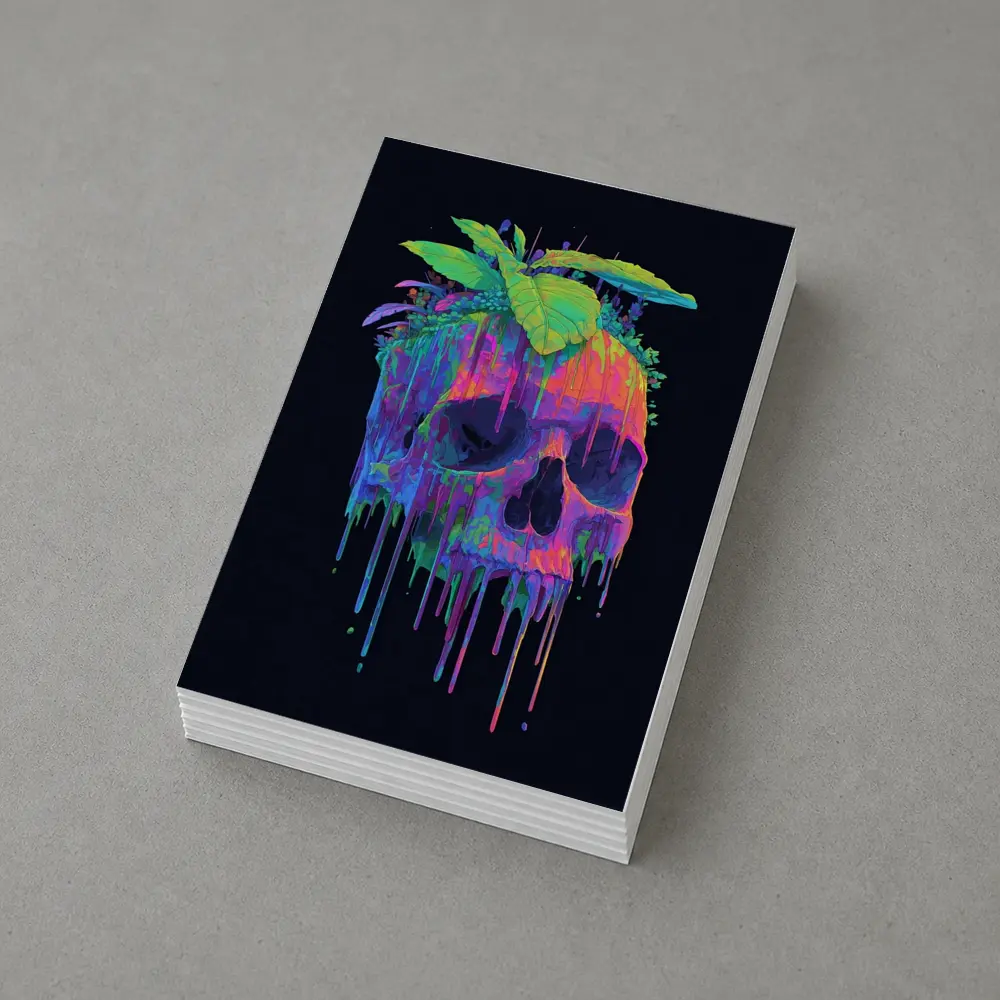 Neon Skull With Tropical Plants Black Background – Postcards