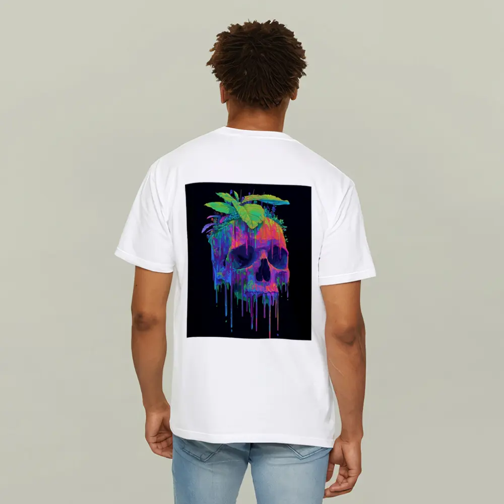 Neon Skull With Tropical Plants Black Background – T-Shirts
