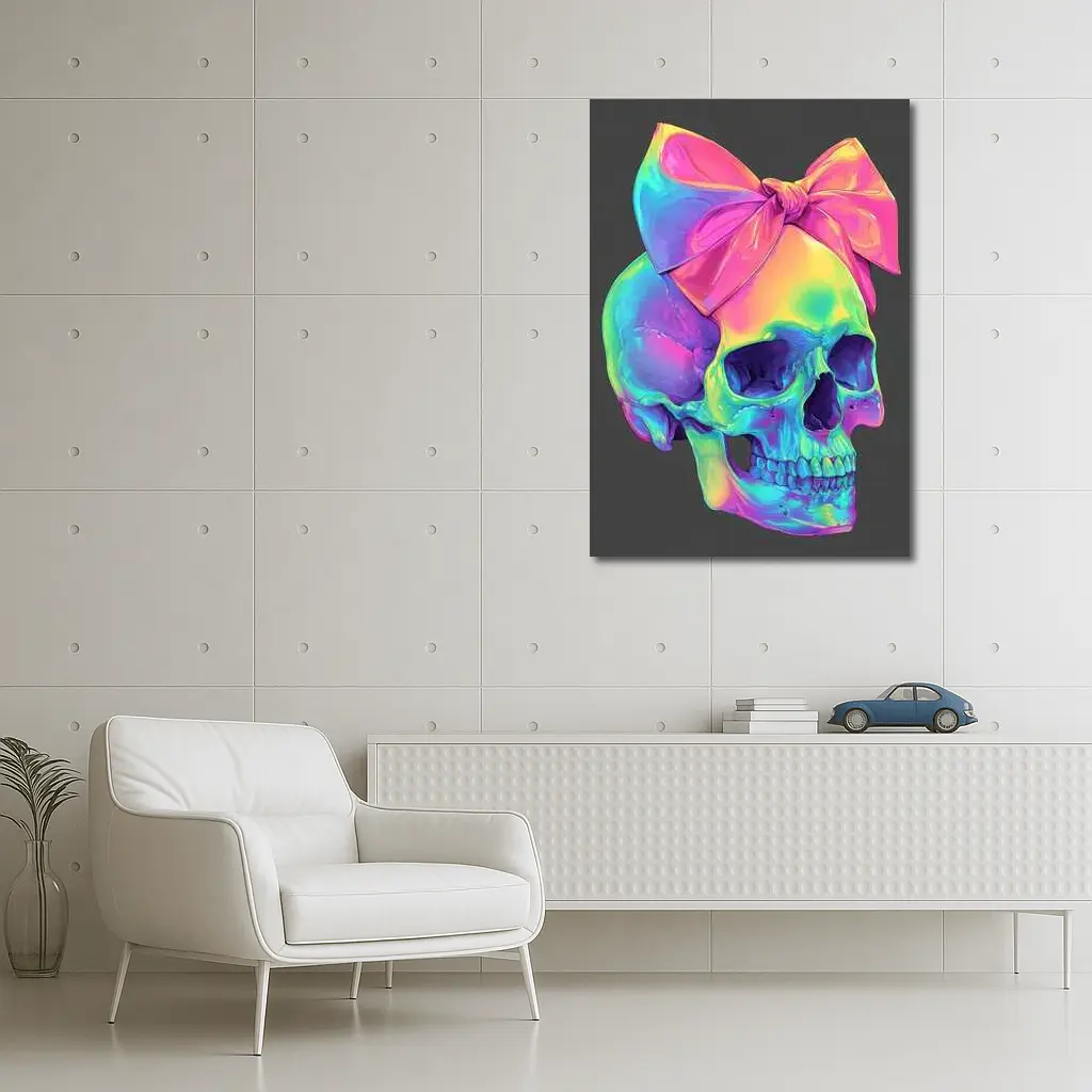 Rainbow Skull With Pink Bow Dark Background – Wall Art