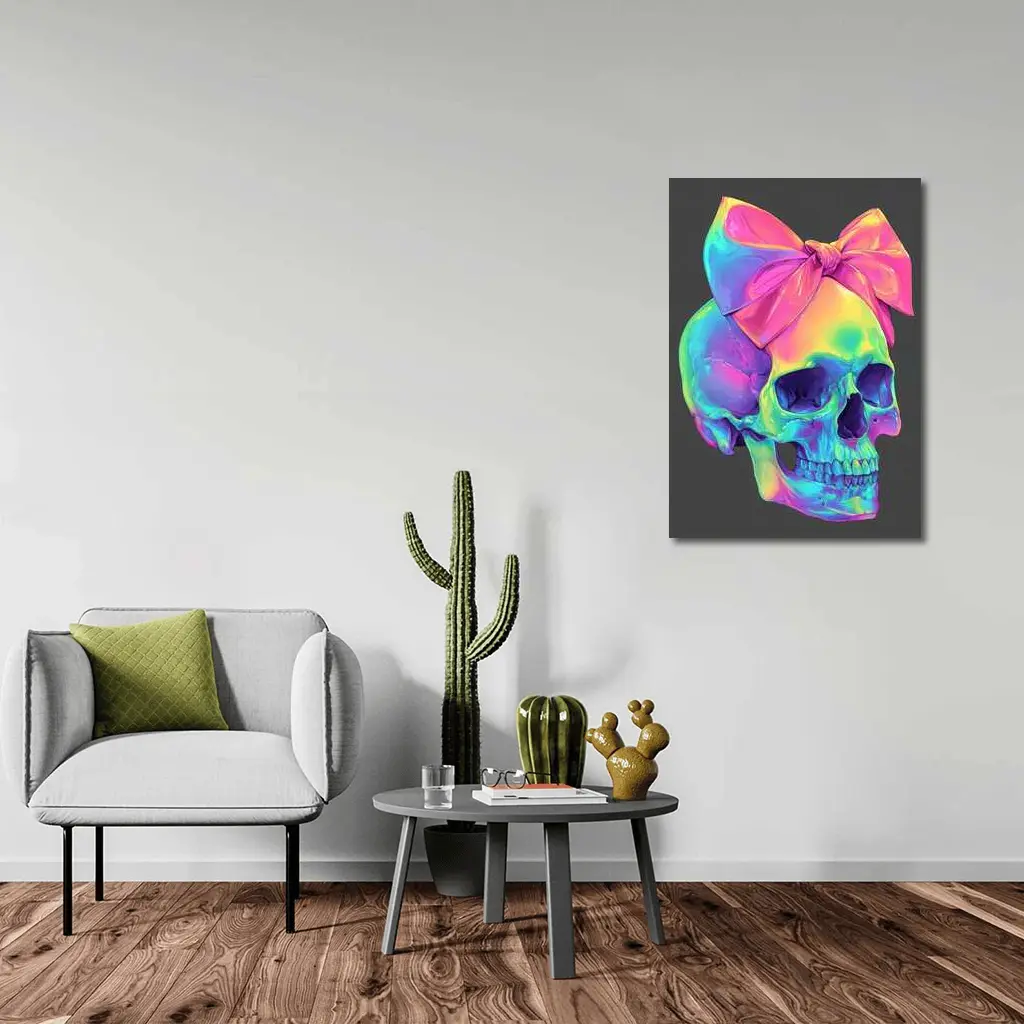 Rainbow Skull With Pink Bow Dark Background – Wall Art