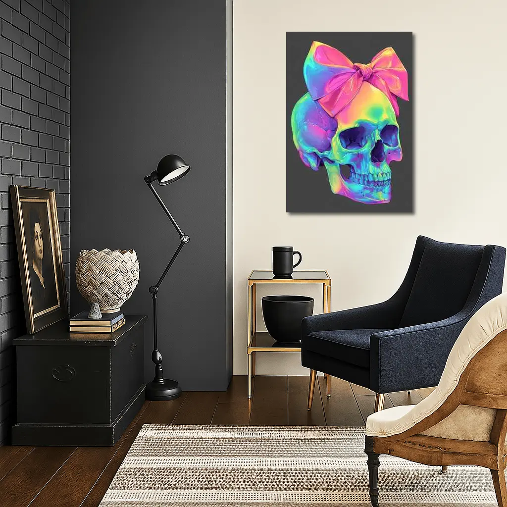 Rainbow Skull With Pink Bow Dark Background – Wall Art
