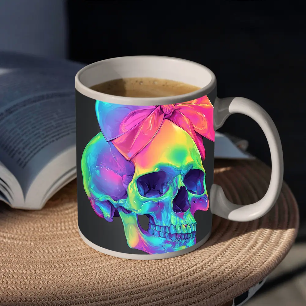 Rainbow Skull With Pink Bow Dark Background – Mugs