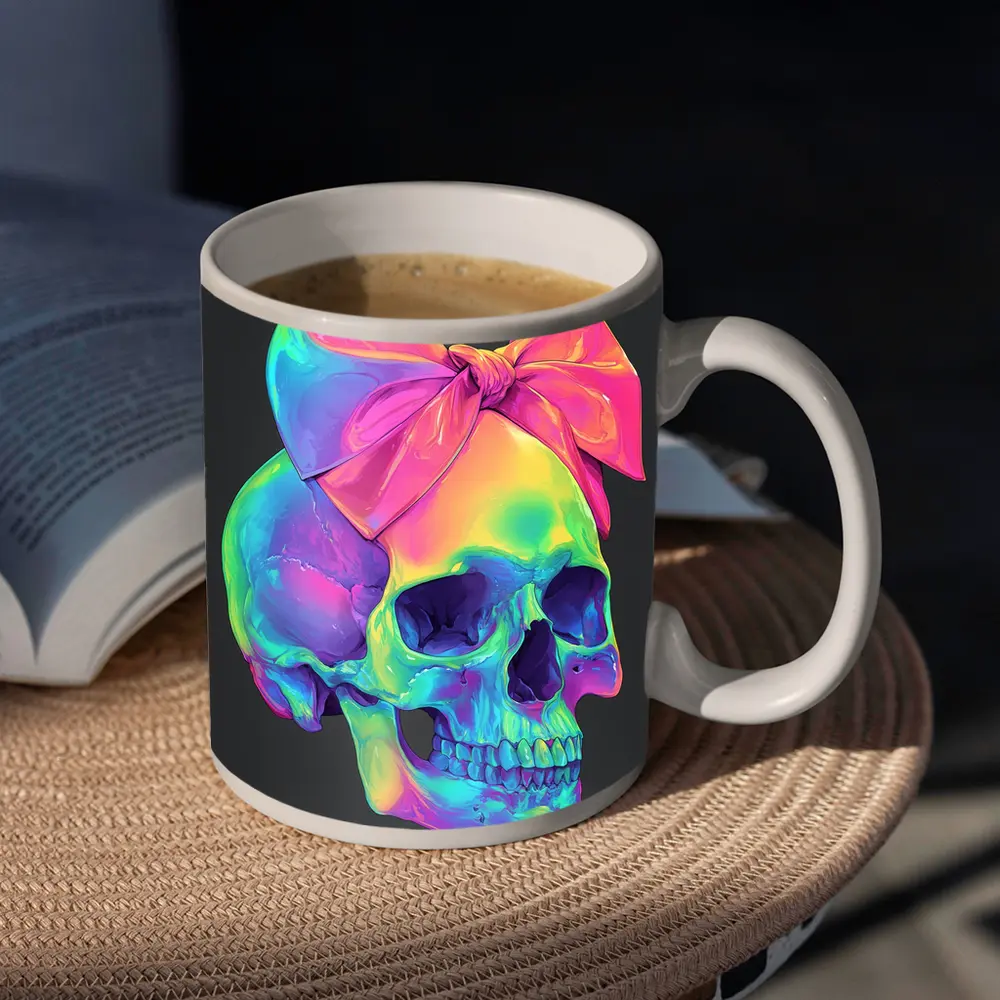 Rainbow Skull With Pink Bow Dark Background – Mugs