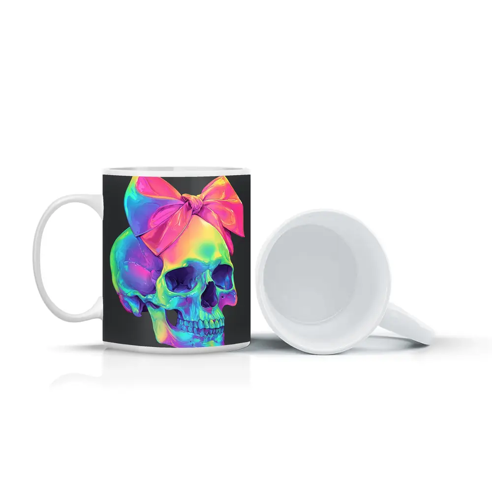 Rainbow Skull With Pink Bow Dark Background – Mugs